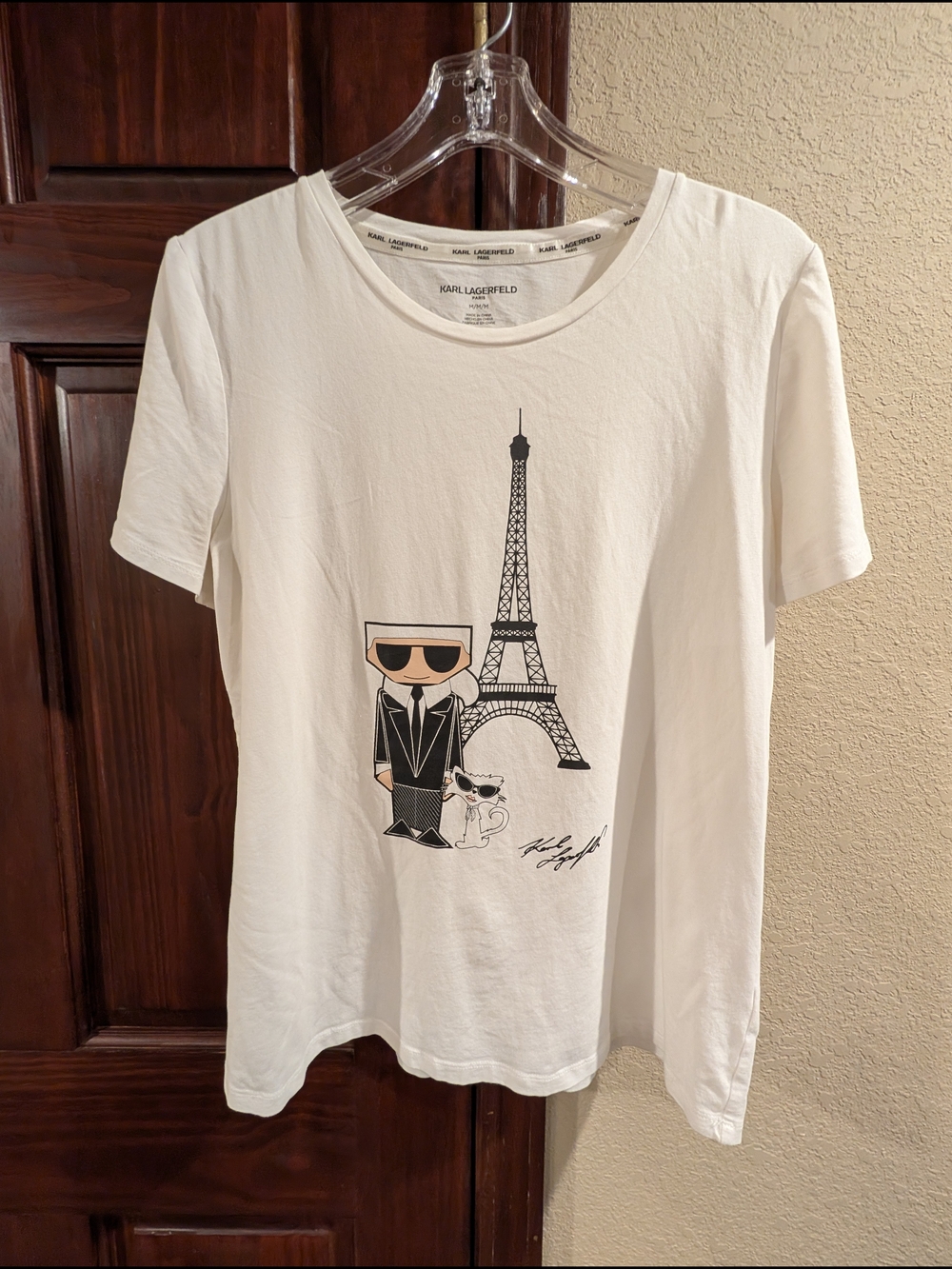 Karl Lagerfeld White Graphic Eiffel Tower Tee with Black and Beige Accents